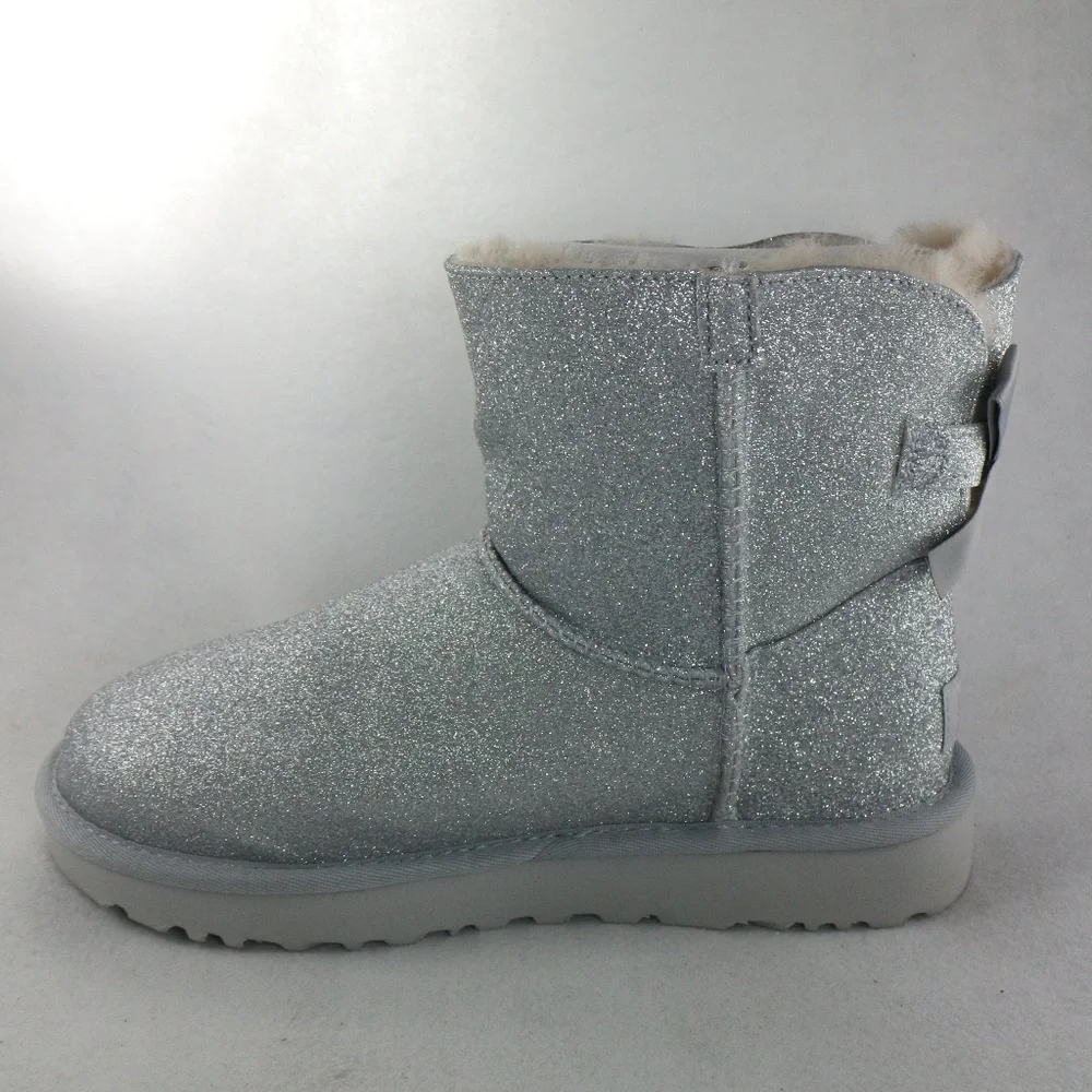 UGG Womens Mini Bailey Bow Silver Sparkle PAIR Boots NEW Sz 6 - Picture 5 of 8
